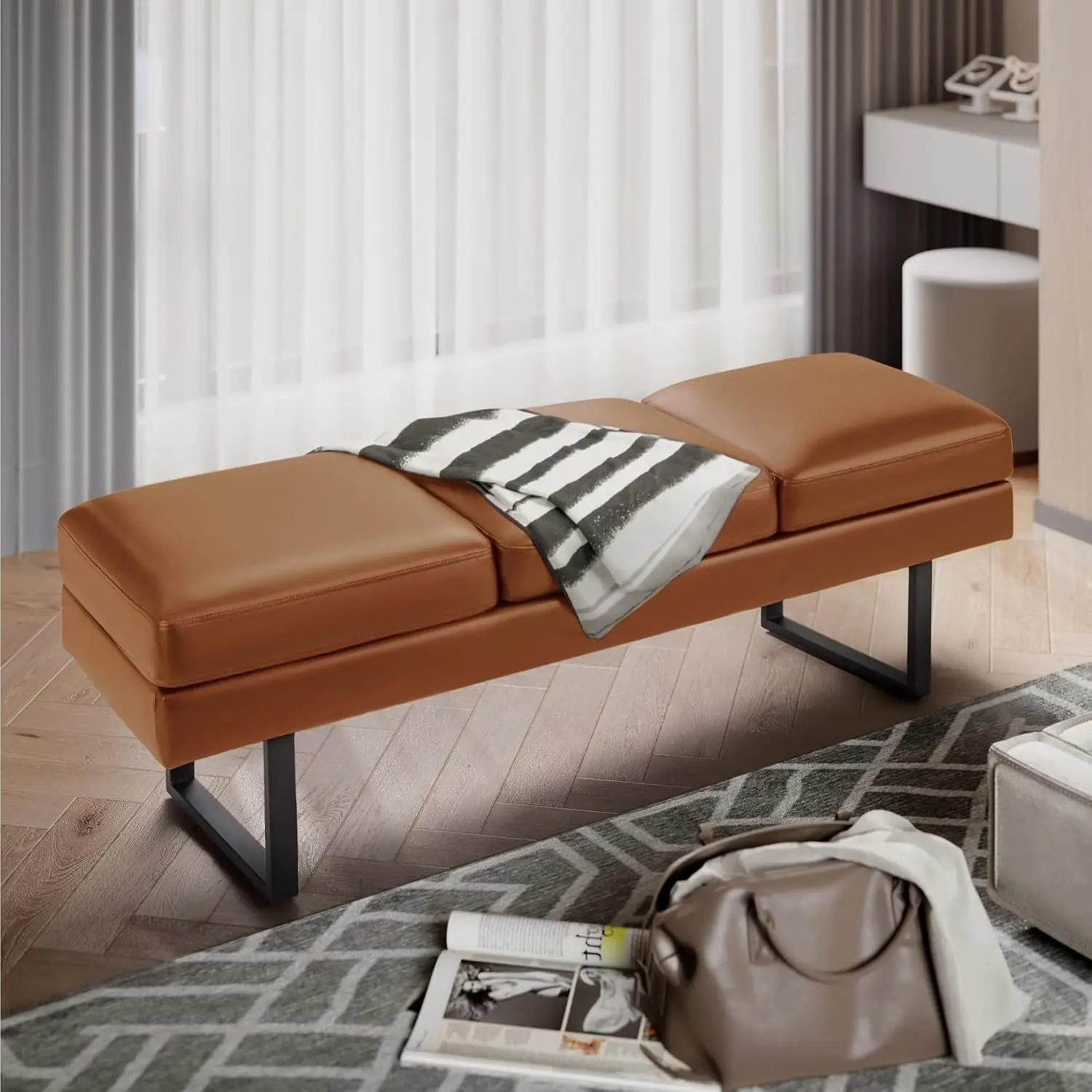59.6 Inches Waiting Room Chairs, 3 Seats Faux Leather Office Guest Chair, Conference Room Upholstered Reception Bench