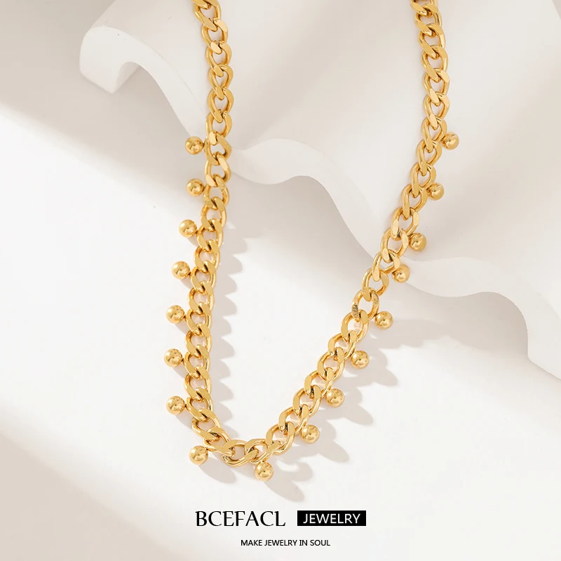 BCEFACL 316L Stainless Steel Gold Color Beads Thick Chain Necklace For Women Fashion Waterproof Choker Jewelry Set Holiday Gifts