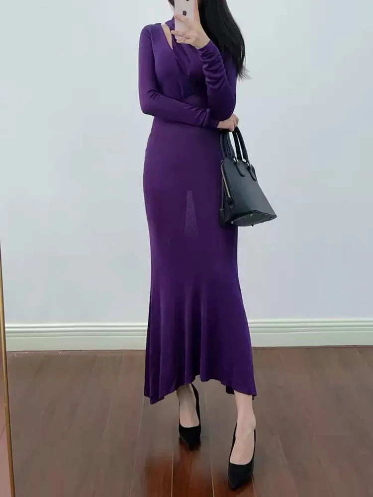 2025년 초가을 신상, 보라색 섹시 컷아웃 슬리밍 바디콘 롱 니트 드레스