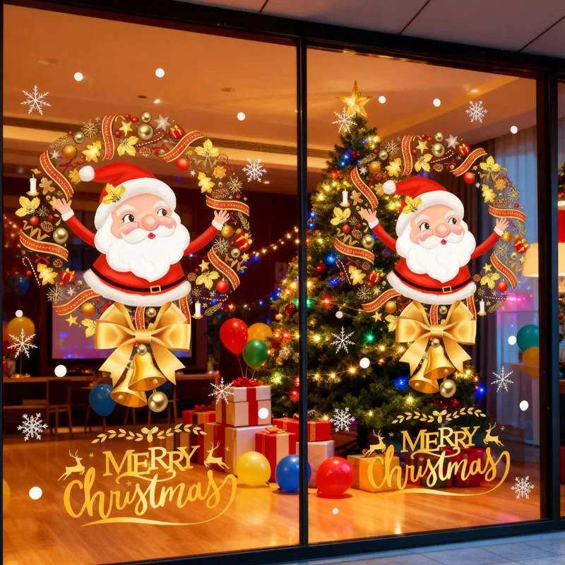 Fensteraufkleber mit Weihnachtsmann-Schneeflocke, statisch haftende Glasaufkleber für Schaufenster, Zuhause, Party, Dekoration, wiederverwendbar, Urlaubsdekoration