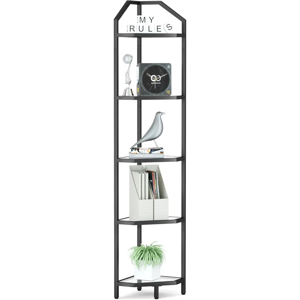 

5-Tier Corner Shelf Stand, Black Corner Bookshelf, Bathroom Storage Rack Shelf, Plant Rack, Tempered Glass, Steel Frame