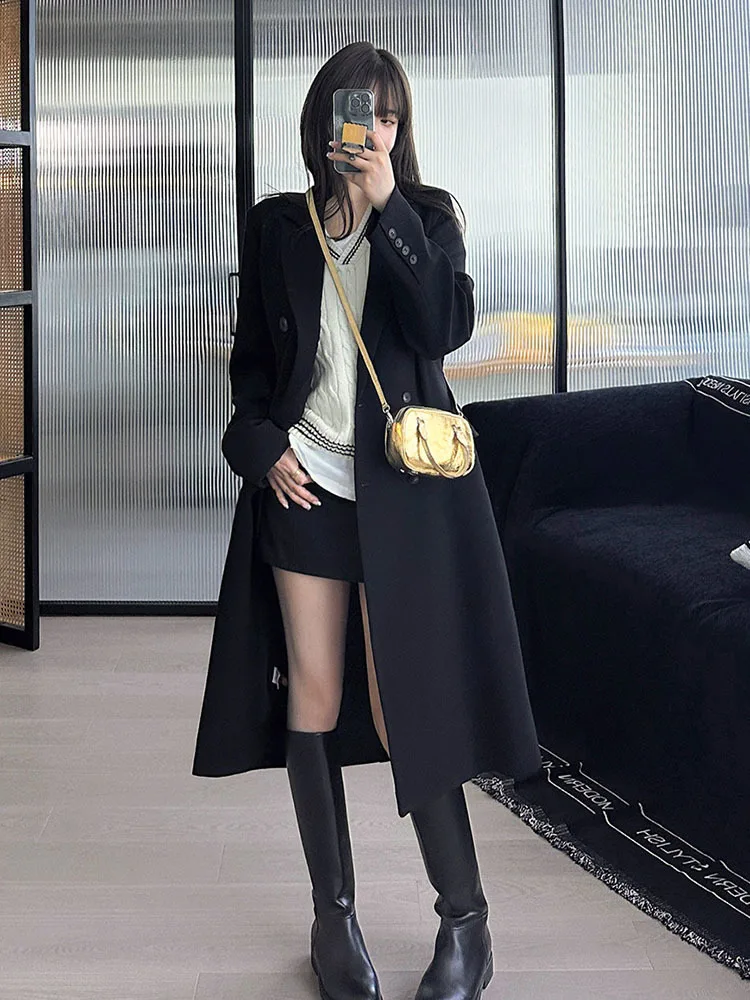 BZVW Office Lady Long Blazer Women's Notched Double Breasted Solid Color Casual Coats Female Autumn 2024 New Clothing 25A8870