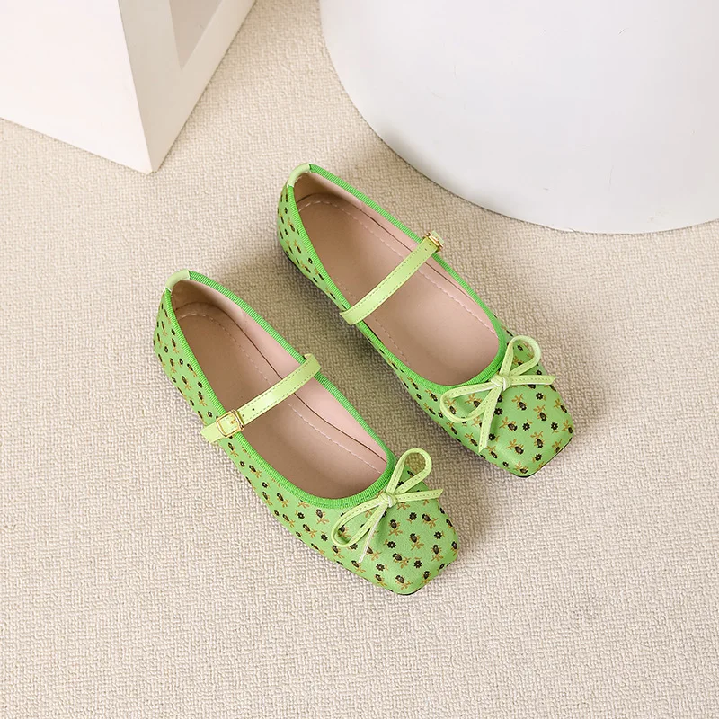 French One Strap Mary Jane Flats Square Toe Bow Plus Size Shoes for Women
