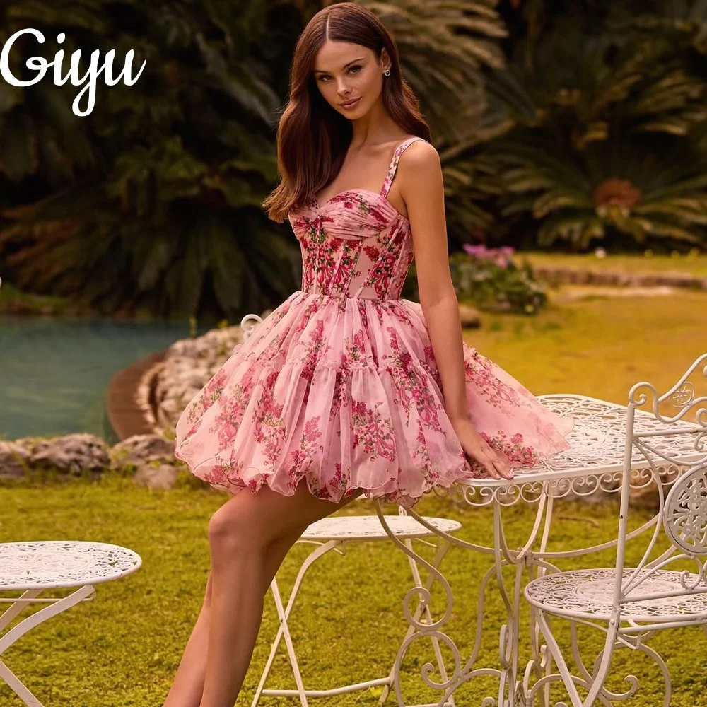 

Giyu Illusion A-line Pink Print Cocktail Dresses Spaghetti Strap Sleeveless Customized A-line Evening Dress Formal Party Gowns