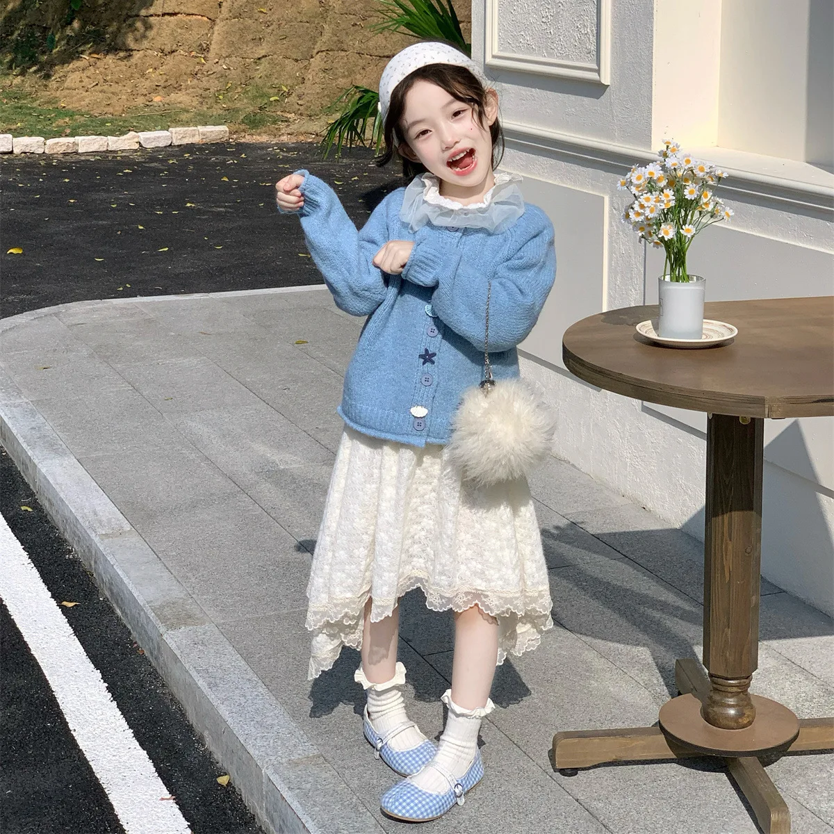 

Children Clothing Sweet Style Set 2026 Spring New Girls Fashion Woolen Cardigan and Undershirt and Lace Skirt Three Piece Set