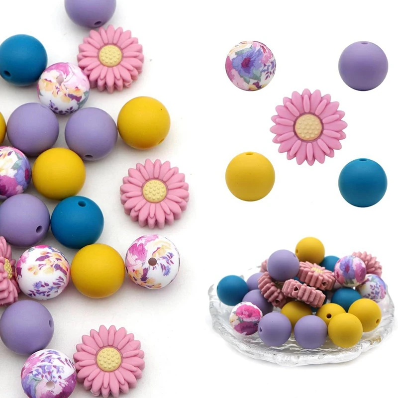 Daisy Silicone Beads Peach White Daisy Flowers Shape Silicone Loose Bead Spacer Beads With Elastic Rope