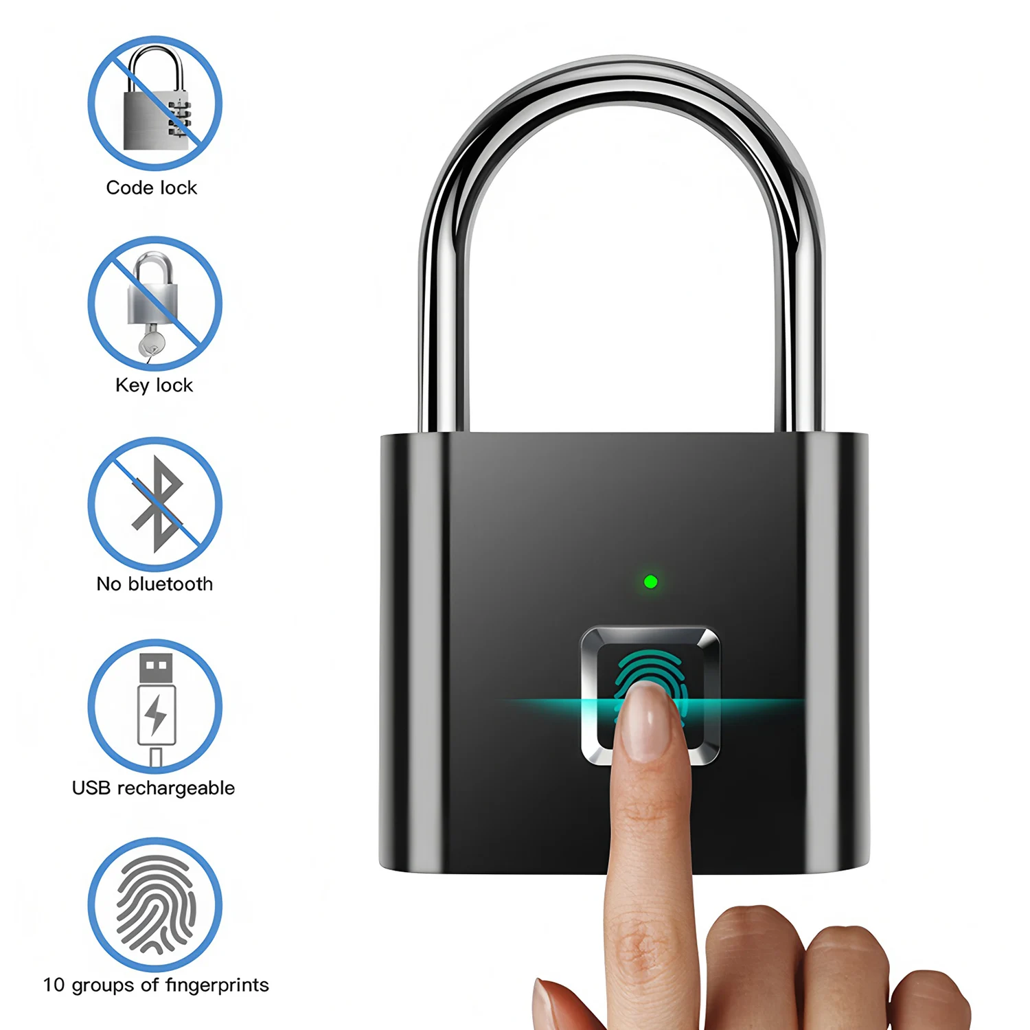 Fingerprint Lock Keyless USB Charging Smart Padlock Waterproof Door Lock 0.2sec Unlock Portable Anti-theft Padlock Zinc