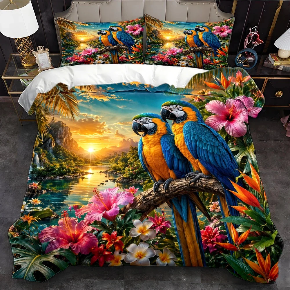 3Pc Tropical Rainforest Parrot Floral Duvet Cover Set, Three-Piece Bedding Set (1*Duvet Cover + 2*Pillowcases), Suitable for All Seasons, Machine Washable, Invisible Zipper Design, Large Double Bed Cover, Suitable for Home, Dormitory, Master Bedroom, Guest Room, Vibrant Floral and Bird Landscape Bedding, Trendy Internet-Famous Bedding Set, Tropical Plant and Parrot Print Bedding Three-Piece Set, High-Density Skin-Friendly Comfortable Duvet Cover Set, 2D Flat Print