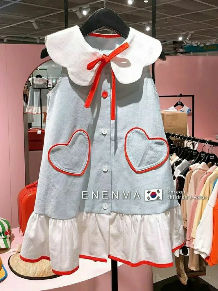 Vestido sin mangas con cuello de volantes para niñas, falda Chaleco con cordones, estilo coreano, Verano