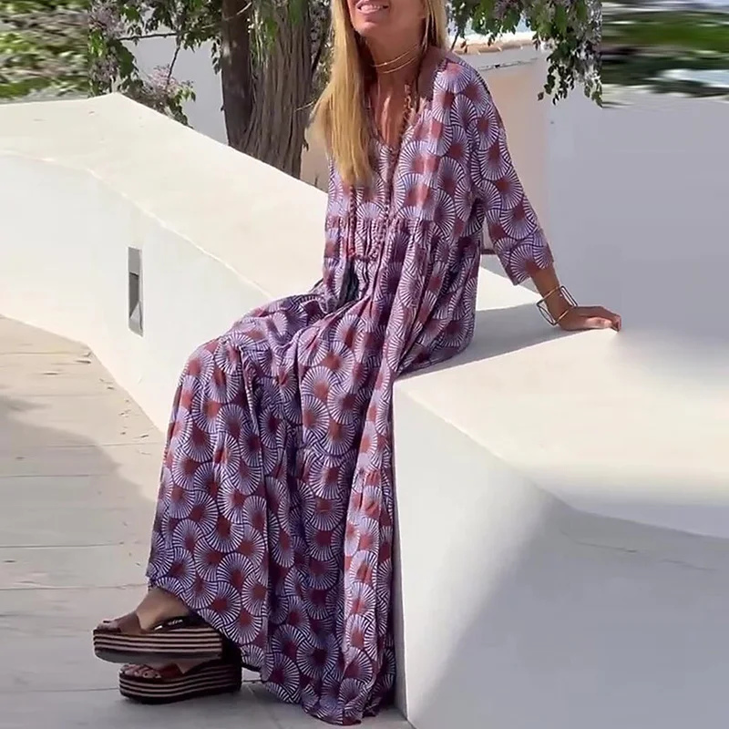 Vintage Blumendruck V-Ausschnitt Damenkleid Bohemian Seven Quarter Sleeve Lose Sommerkleid Casual Streetwear Plissee Strandkleid