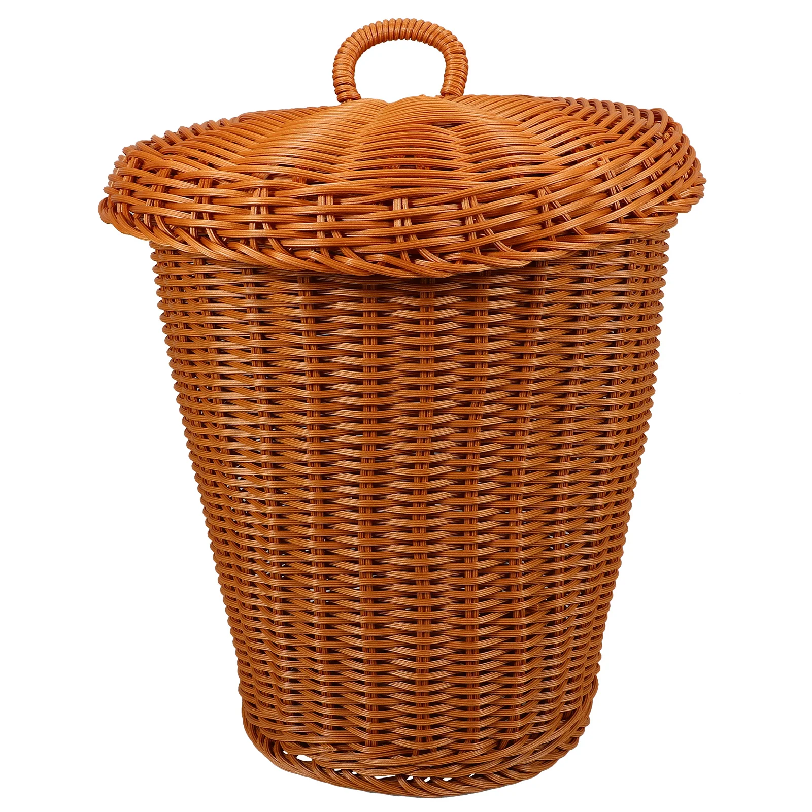 

Desktop Garbage Trash Basket Woven Wastebasket Lid Can Imitation Rattan Pail Bin Round Brown Reusable Storage Container