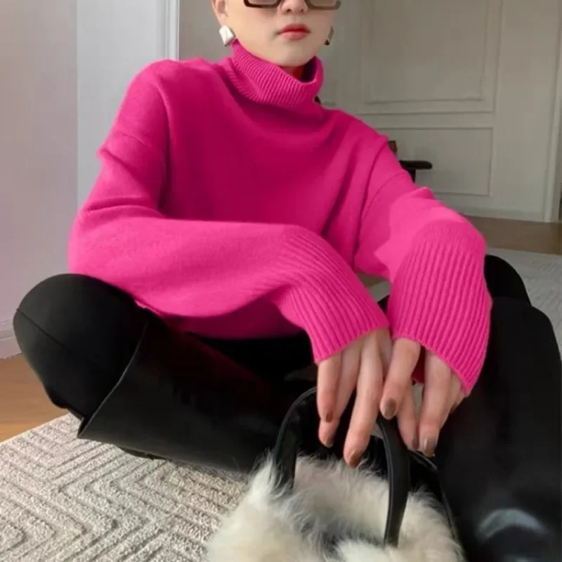 

Turtleneck Soft Sweater Women Autumn Winter Lazy Warm Knitted Pullover Long Sleeve Tops Knit Coats Loose Women's Clothing Trend