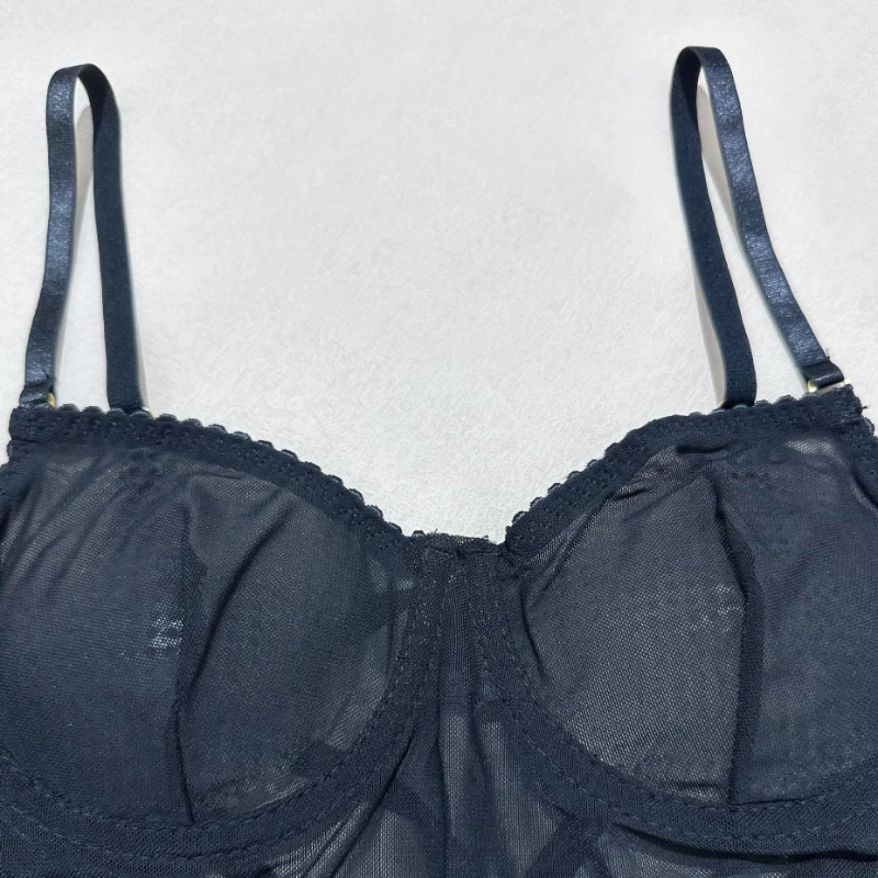 Push up หน้าอกสนับสนุนตาข่ายสปาเก็ตตี้ชุดสายรัดดูผ่านเซ็กซี่ Contrast สี Cross Lace - up Backless เซ็กซี่รัดตัว