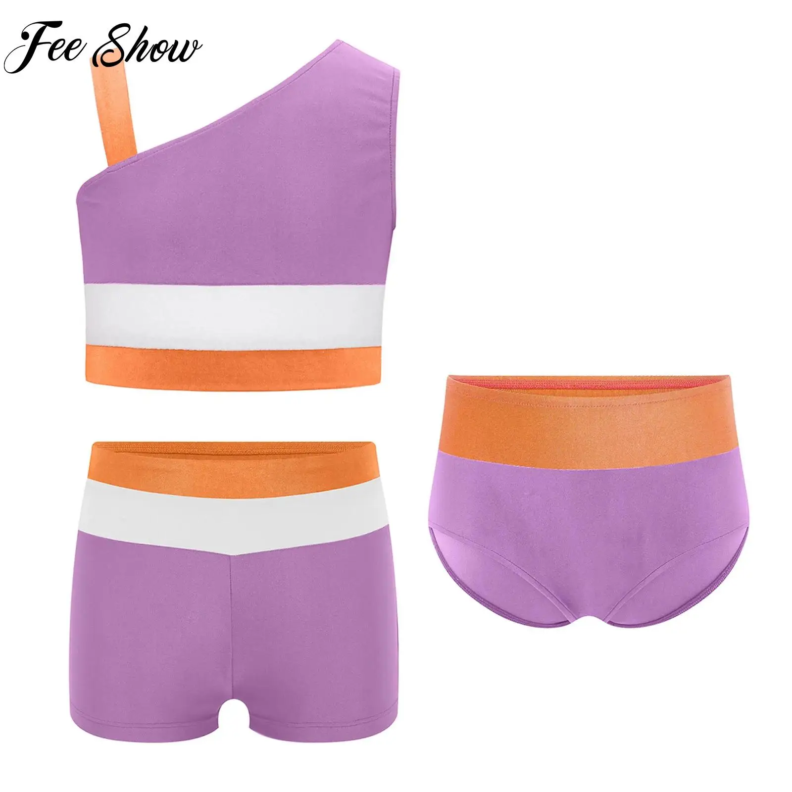 

Rhythmic Gymnastics Figure Skating Dance Costume Sleeveless Asymmetrical Crop Top with Briefs And Shorts Outfits for Kids Girls