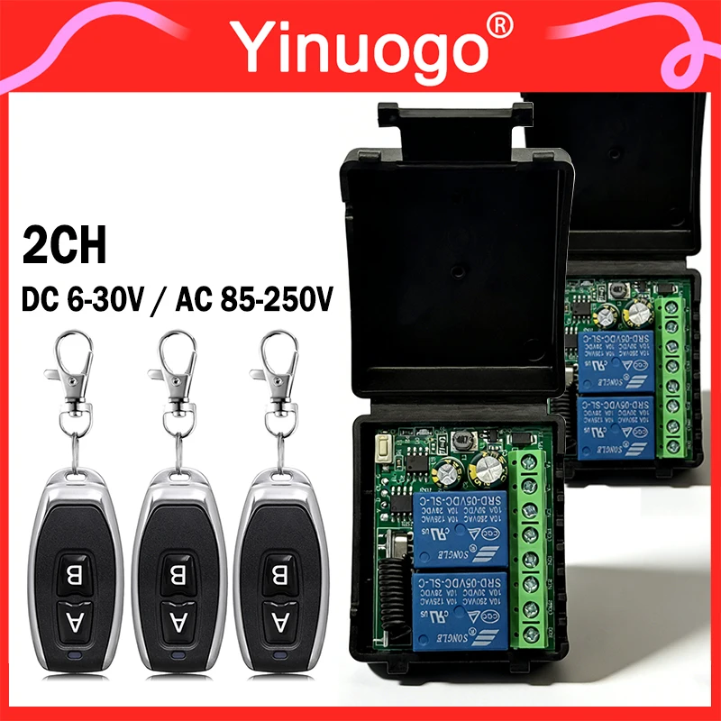 433MHz RF Remote Control 2CH Relay Receiver Universal Garage Door Light LED Fan Motor Signal Transmission for DC 12V 24V 250V
