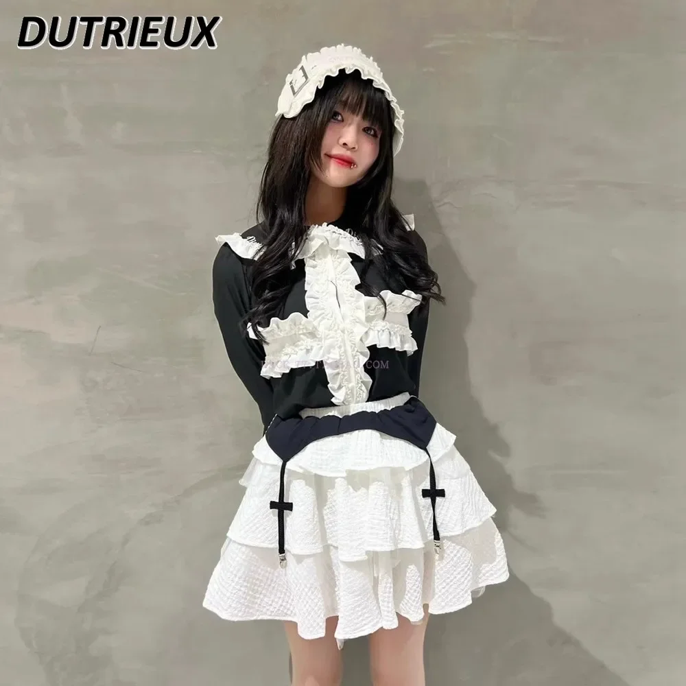 Japanese Mine Sweet Harajuku Style Lacework Big Lapel Long Sleeve Shirt Spring and Autumn New Cute Girl Color Matching Top