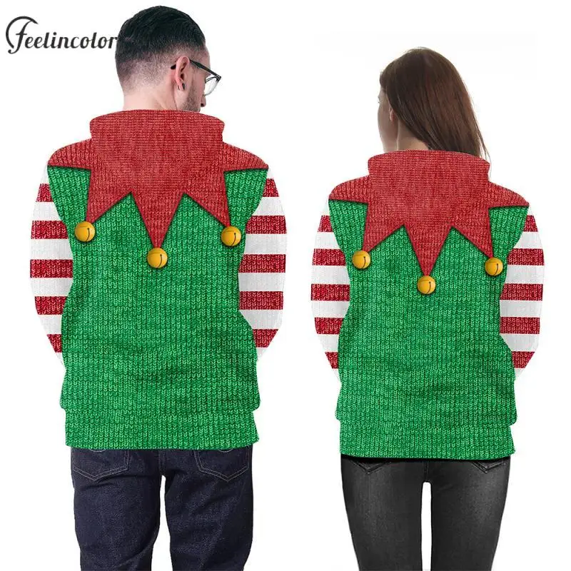 Couple Xmas Tree Ugly Christmas Hoodies Red Green Stripes Sweatshirts Autumn with Pocket Pullover Male Female Streetwear