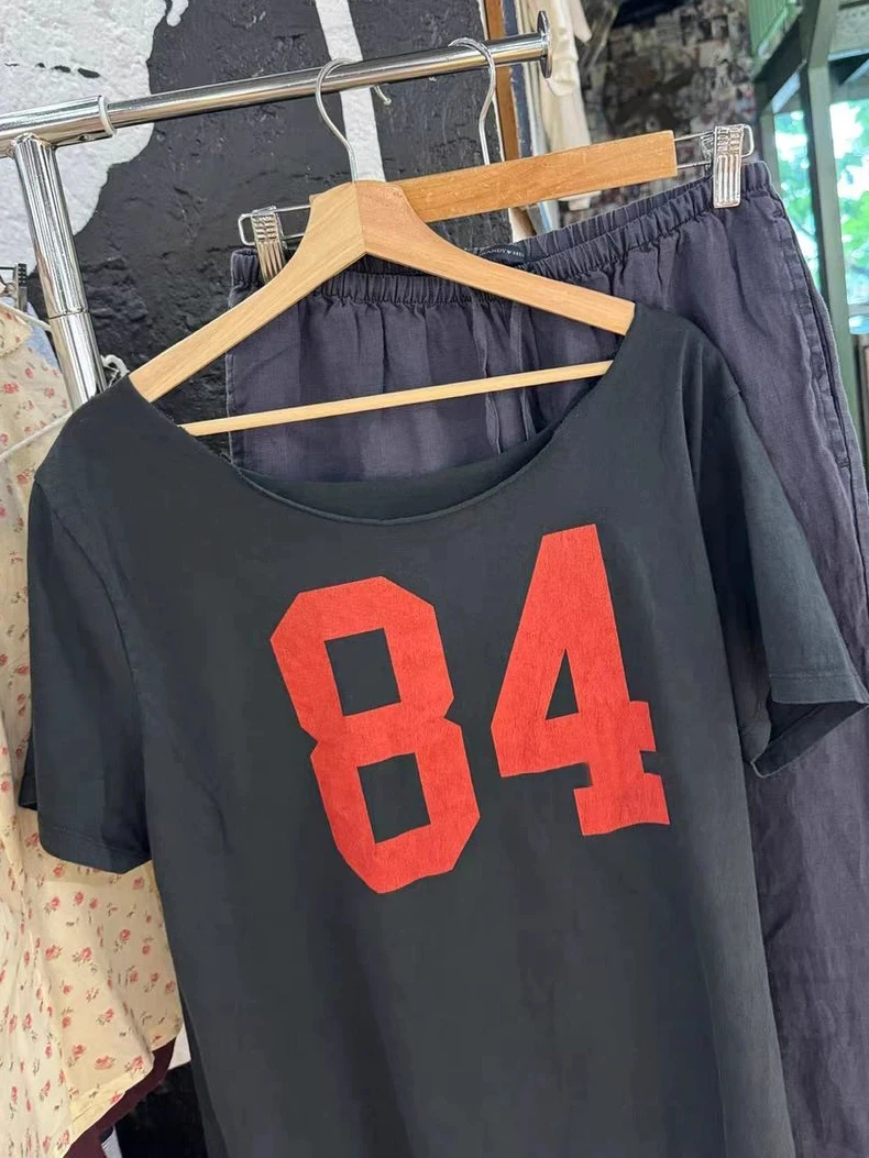 

NO.84 Print Slash Neck T-shirts Women Summer Preppy Style Cotton Short Sleeve Tee Female Vintage Casual Loose Tshirt Y2K Tops