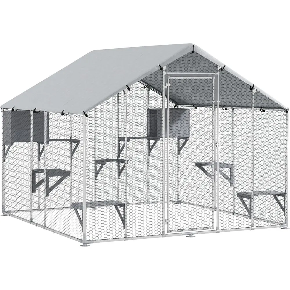 

Catio Outdoor Cat Enclosure, 94.5" Extra Large Walk-in Cat House with Waterproo Cover, 2 Resting Boxes, 7 Jumping Platorms, Coop