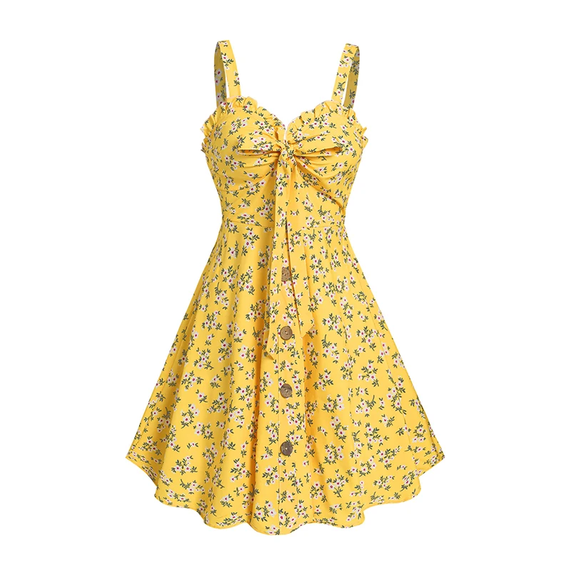 Dressfo Women's Dress Allover Floral Pattern Ruffle Bowknot Empire Waist Vacation Dress Sleeveless Mini A Line Dress