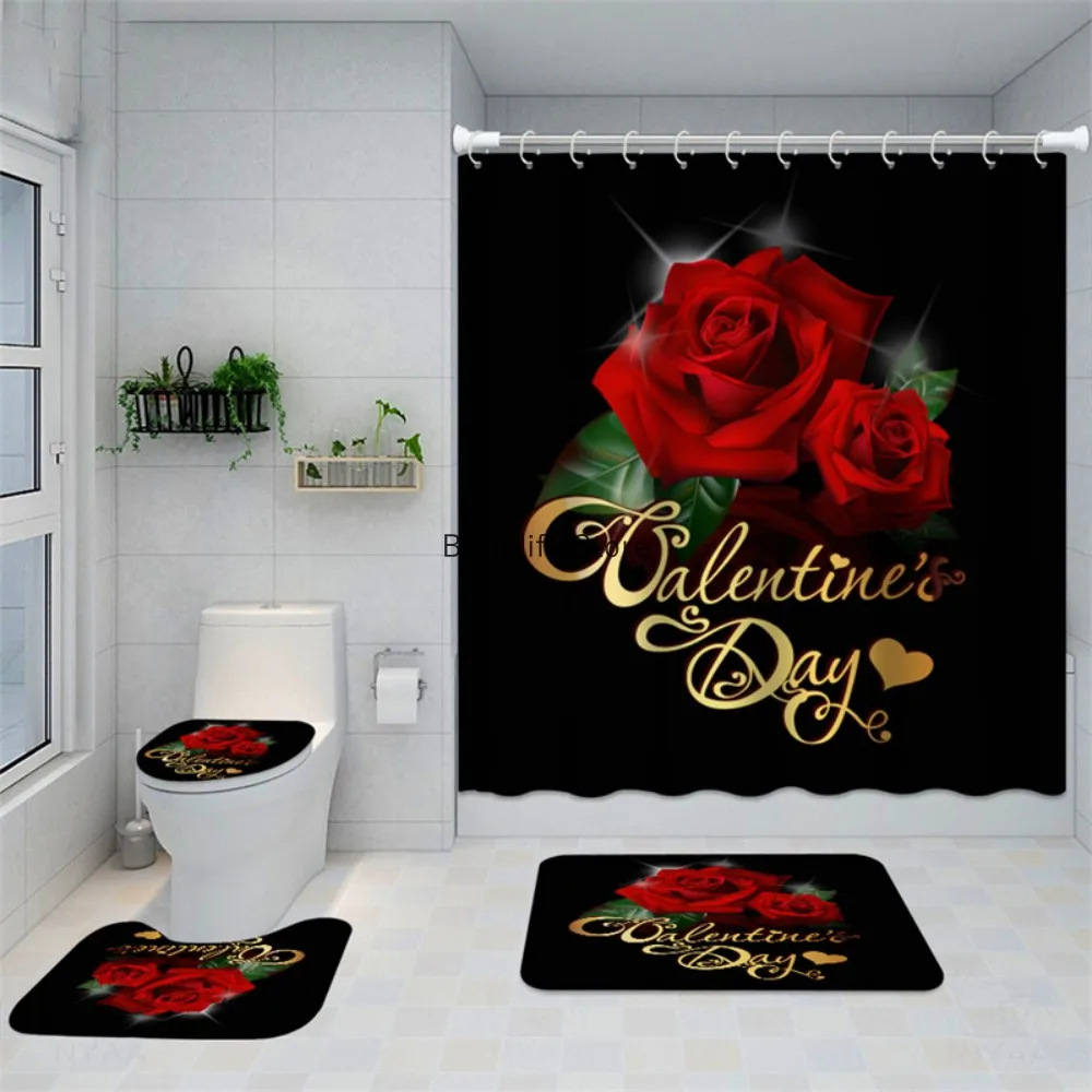 Valentine\'s Day Red Rose Flower Shower Curtain Waterproof Polyester Landscape Curtains Bathroom Shower Curtain And Rug Sets