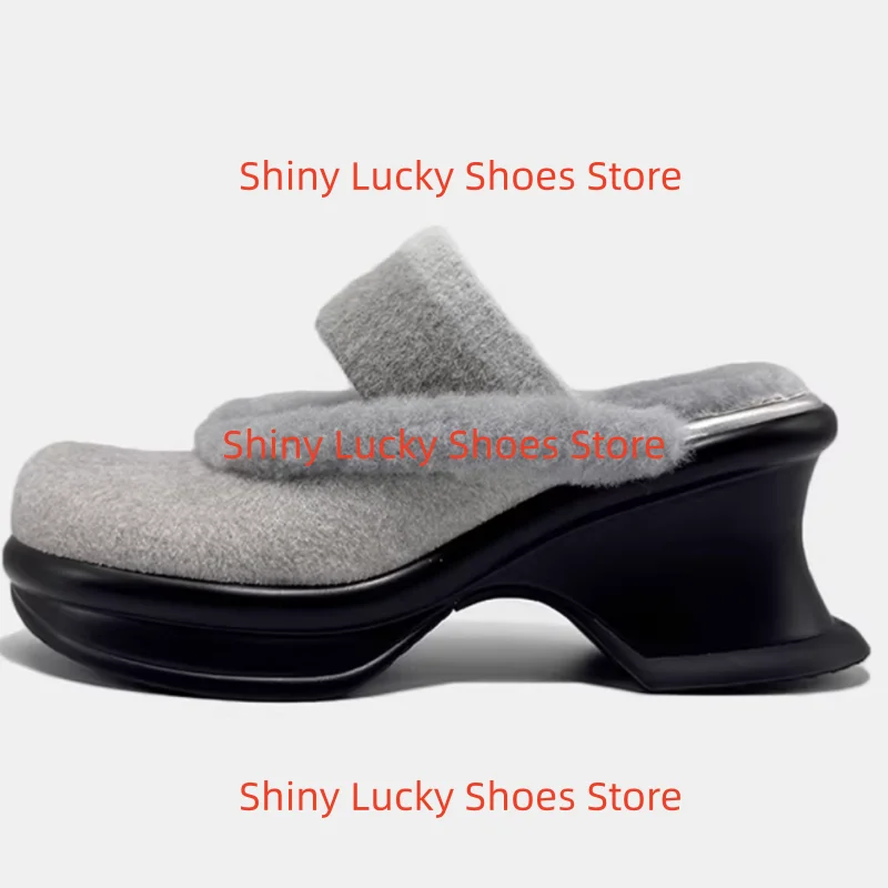 

Mink Fur Shoes for Womens Round Toes Chunky High Heels Front Strap Ladies Sewing Lines Chassure Femme Solid Zapatos De Mujer