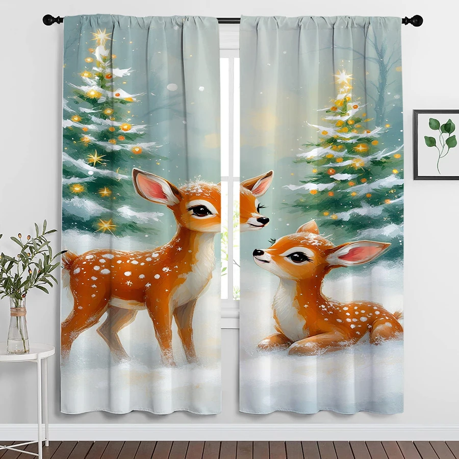 2PCS Christmas Winter Curtains, Cartoon Deer Christmas Tree Snow, Digital Print, Bedroom Living Room, Home Decor Window Drapes