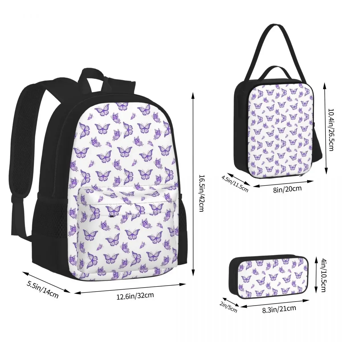 Purple Butterfly Print Backpacks Set para crianças, mochilas escolares, mochila infantil, lancheira, caneta, meninos e meninas Bookbag, 3 pcs