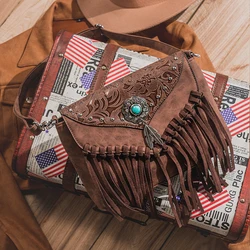 Celela Western Design กระเป๋าสะพายไหล่สำหรับผู้หญิง Vintage Messenger Rivet พู่หรูหรานักออกแบบกระเป๋า Dompet Etnik Western กระเป๋าถือ