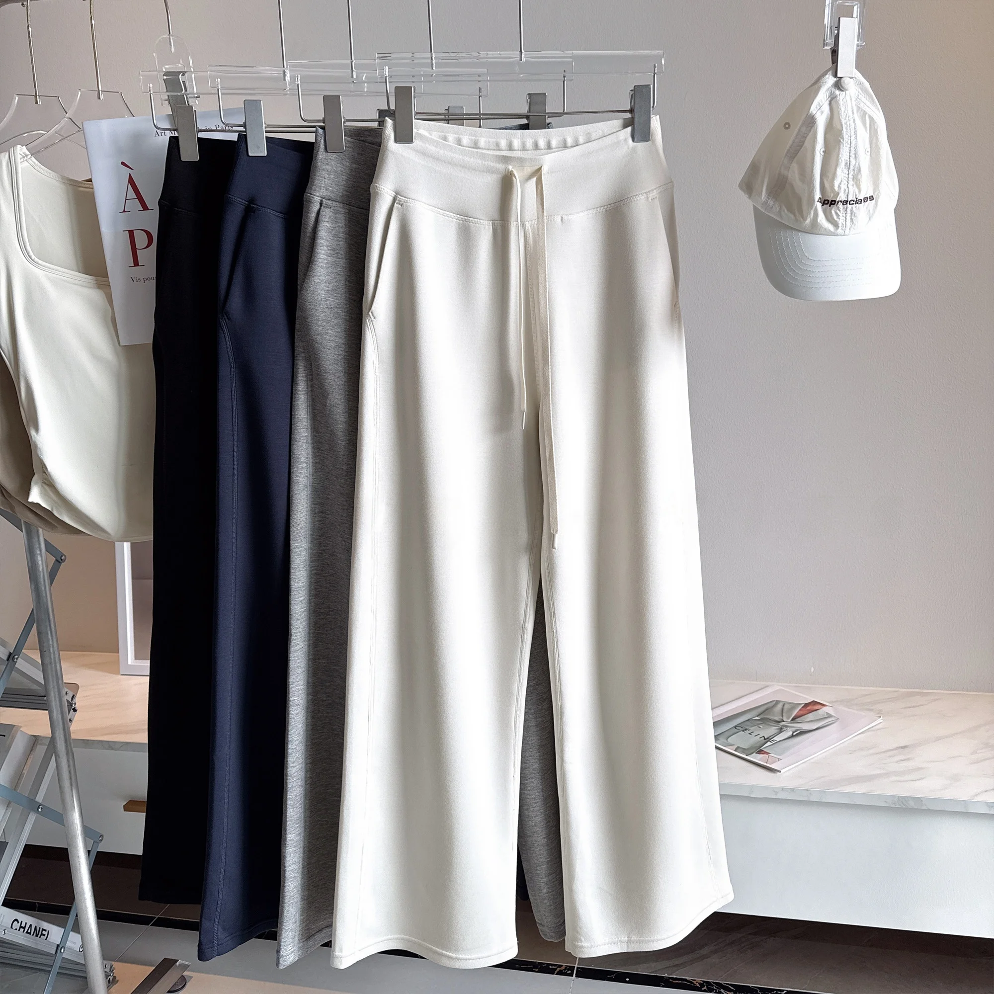 

Женские спортивные брюки с высокой талией и широкими штанинами, свободные прямые повседневные брюки для йоги, длинные брюки из регенерированной целлюлозы