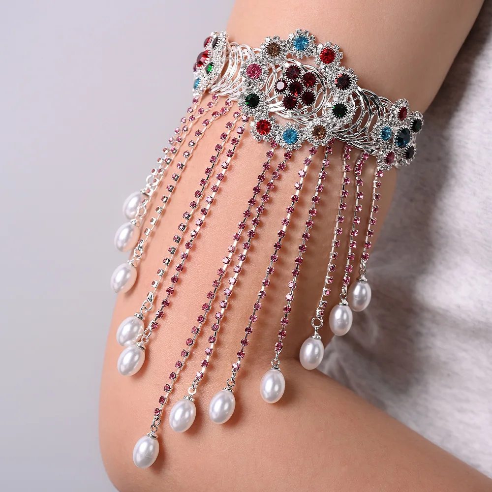 Stonefans Bohemian Rhinestone Upper Arm Bracelet for Woman Bridal Armlet Jewelry Elegent Pearl Tassel Armlet Sexy Arm Accessory