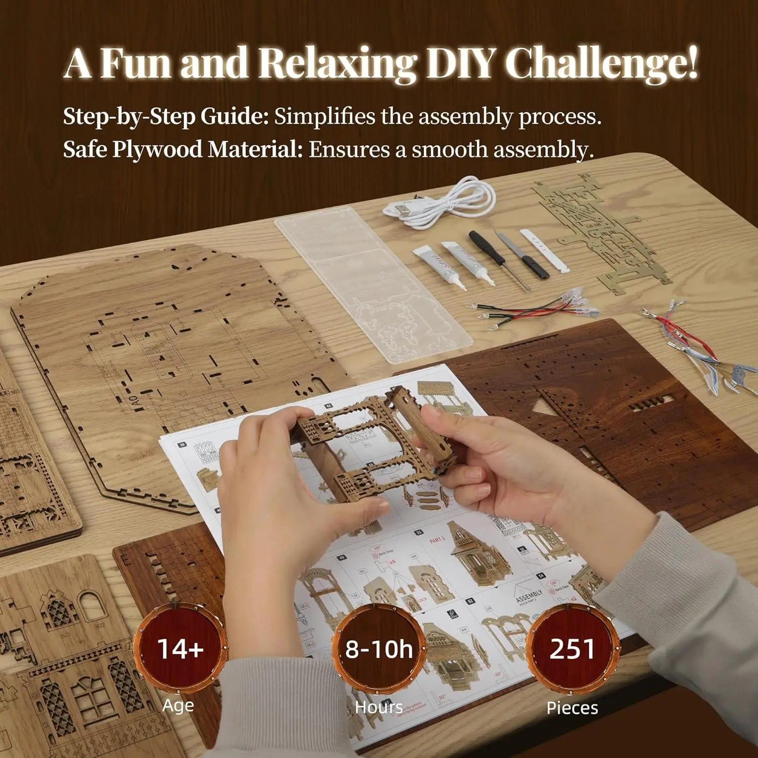 DIY LED 3D ตัวต่อไม้รูปบ้านชนบทพร้อมไฟประกาย - ชุดสร้างแบบจำลองขนาดเล็กสำหรับผู้ใหญ่ ตกแต่งบ้าน