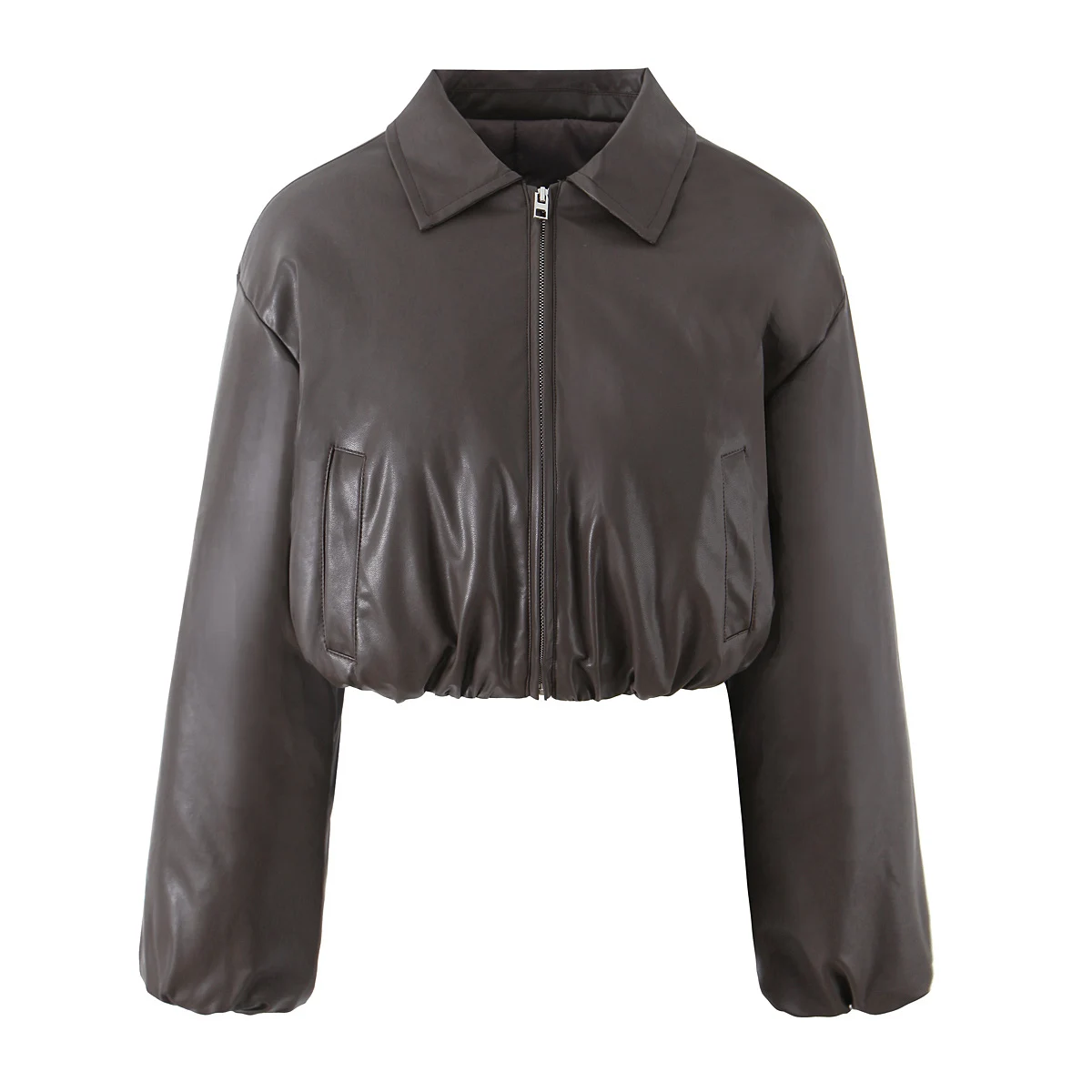 2025 Otoño Invierno mujer solapa cremallera imitación cuero pan abrigo hombro ancho manga larga cazadora corta Parka prendas de vestir exteriores negro marrón