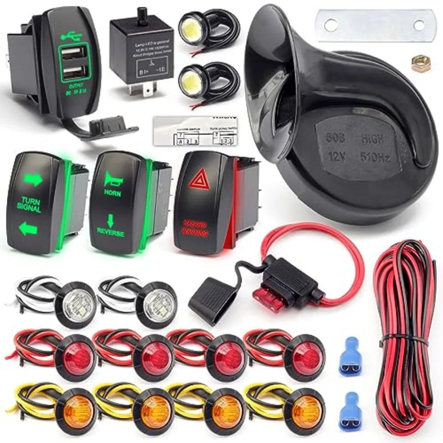 

Universal ATV UTV SXS Turn Signal Street Legal Blinker Kit with 110DB Horn Reverse Hazard Light Rocker Switch USB Flasher Relay