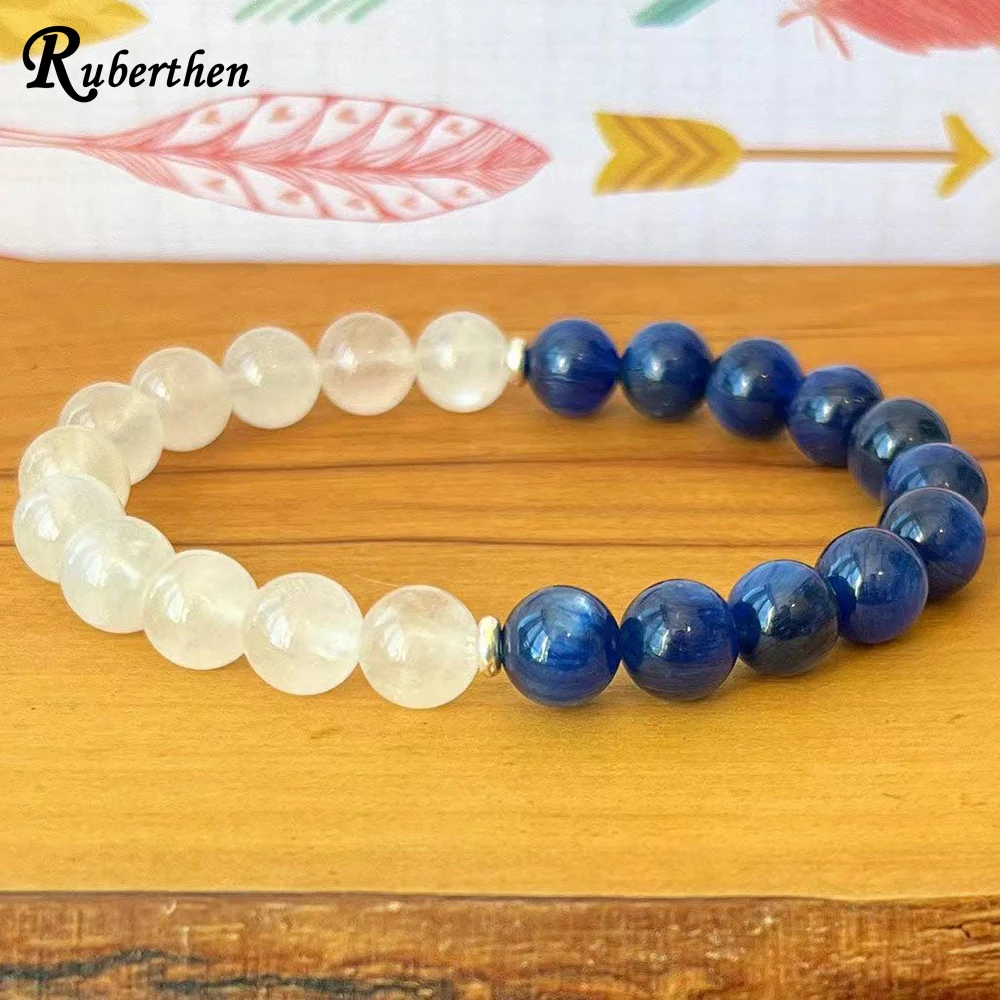 

Ruberthen 8 MM AAA Grade Blue Kyanite Fream Moonstone Bracelet Womens Negative Energy Protection Wrist Mala