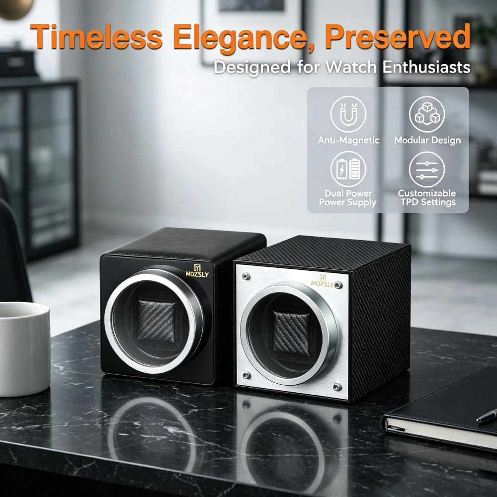 Mozsly Luxury Single Watch Winder 20 Db Japanese Motor, Pu Leather & Carbon, 12 Tpd Stackable, for Display, Fits Rolex Omega
