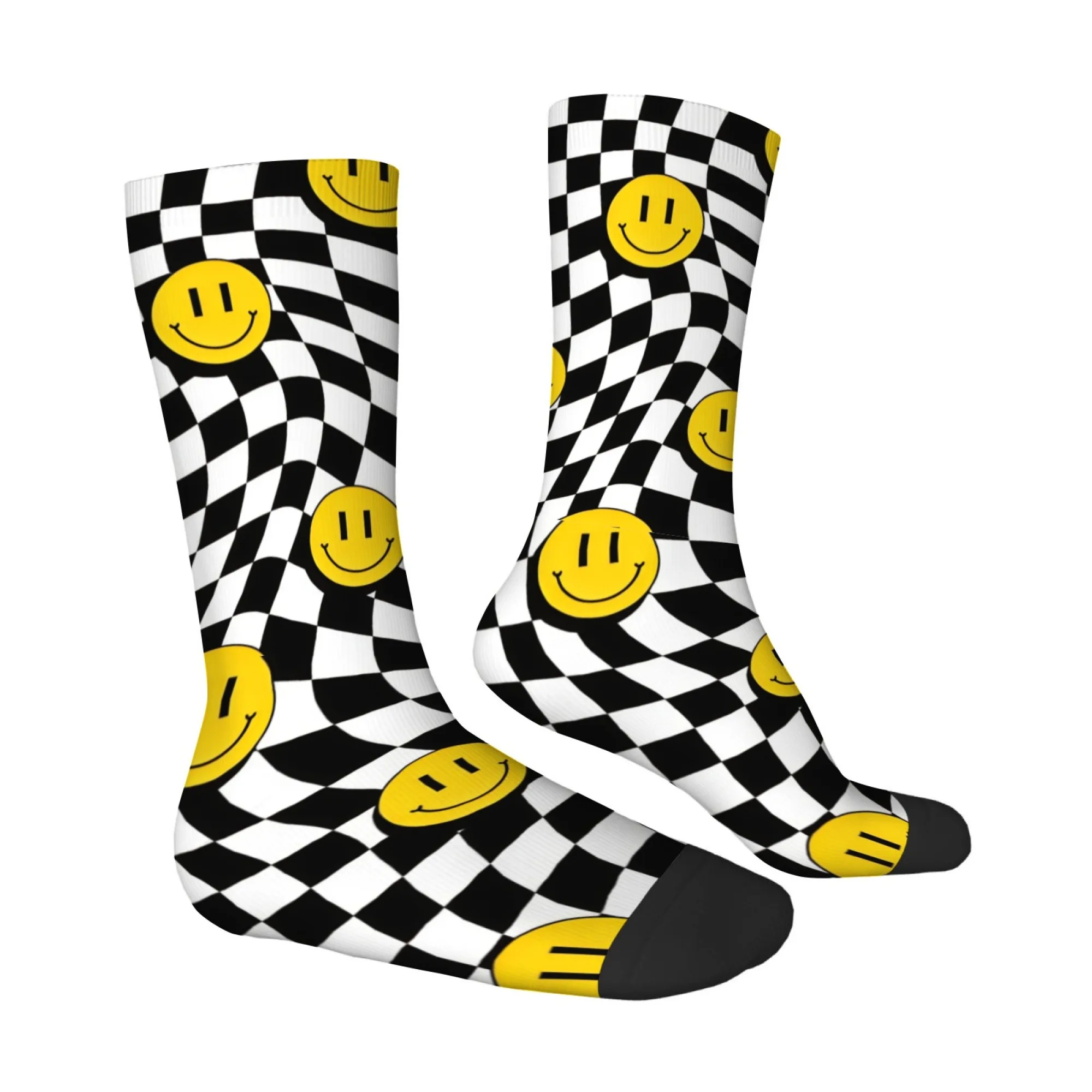 Twisted Checkerboard Smile Face Themed Men Mid-calf Socks Y2K Retro Fashion Street Style Non-slip and Soft Durable Socks