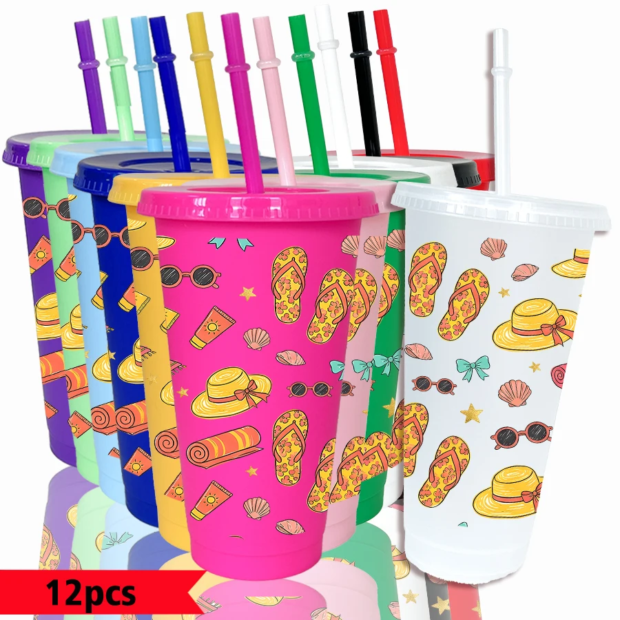 12pcs/pack Sun Hat Slippers Shell Pattern 26oz Colored Plastic Party Cold Cups for Back-to-school Birthday Gifts
