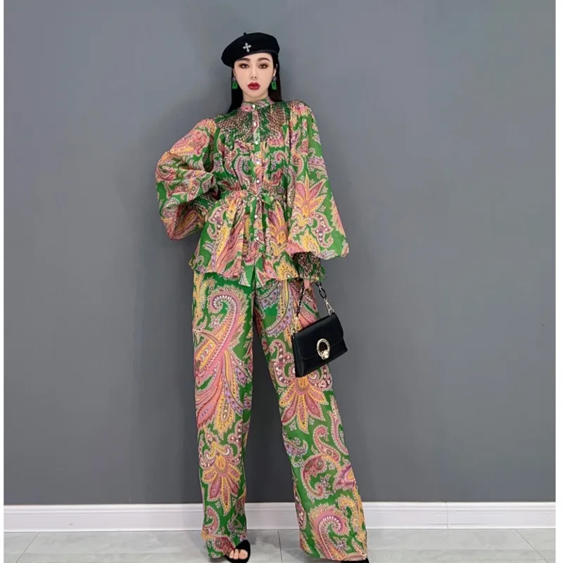 Women Temperament Elastic Waist Chiffon Printing Long Sleeves Shirt Suit + Wide Leg Pants Suit 2024 Spring Autumn LHX1794