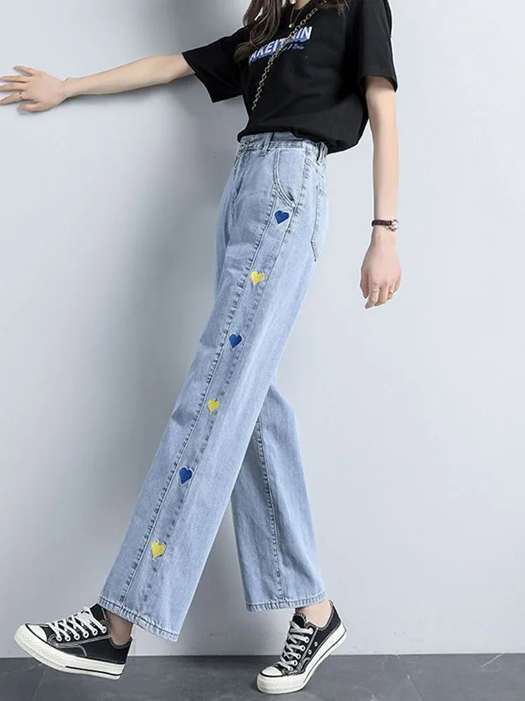 Damskie luźne jeansy z haftowanym motywem \"Love\", z wysokim stanem, w stylu koreańskim, casualowe spodnie dżinsowe, vintage, proste, z szerokimi nogawkami, vaqueros.