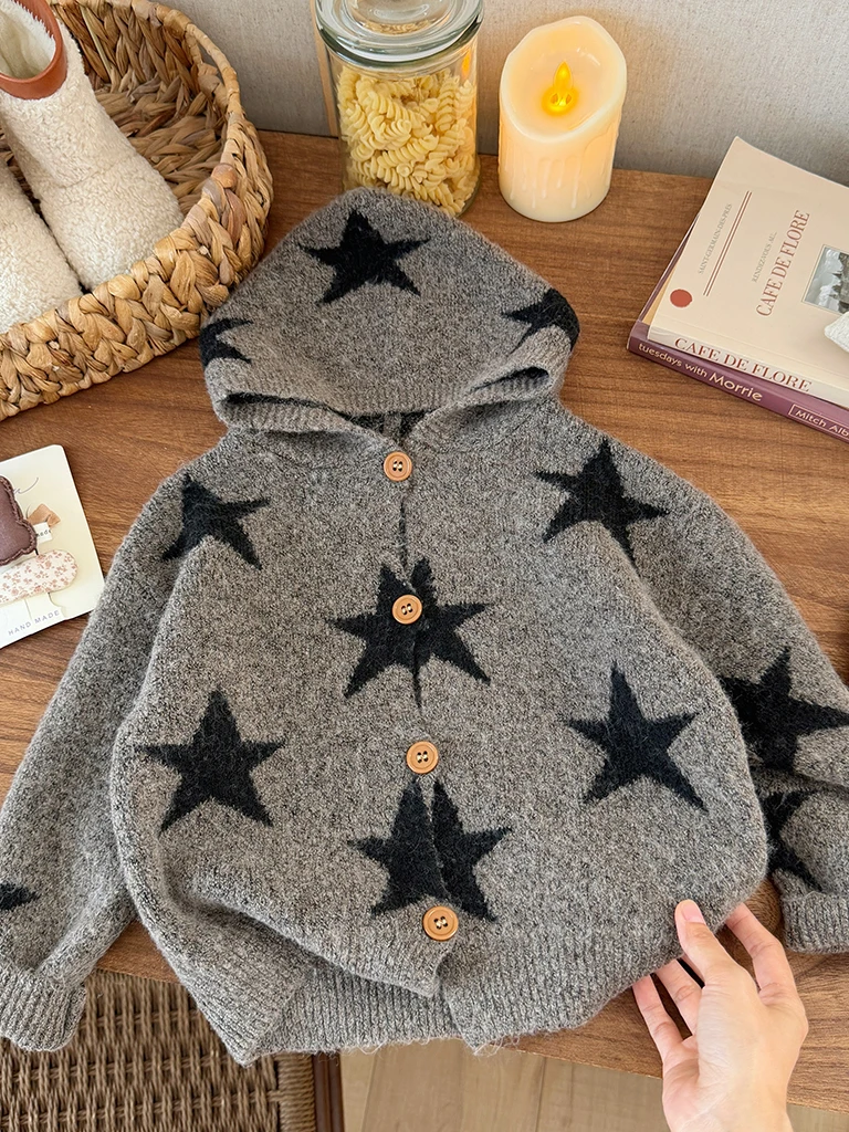 

Korean Sle Girls' Star Patterned Hooded Knitwear Cardigan Soft Thiened Autumn Winter ential Children's Faionable Swe...