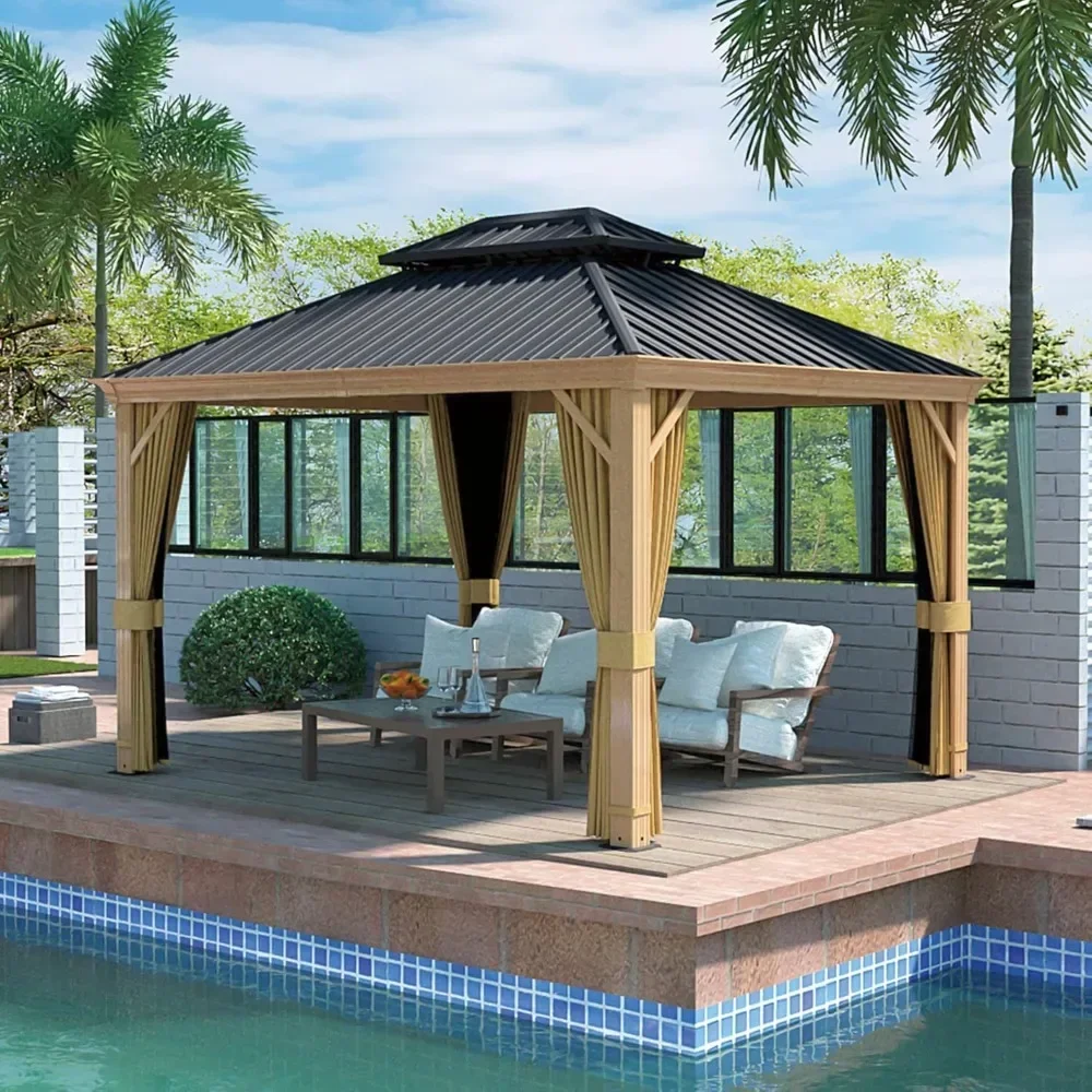 

10' x 12' Hardtop Gazebo, Outdoor Wood Grain Frame Aluminum Gazebo, Double Roof Permanent Patio Gazebo Canopy 10'×12’