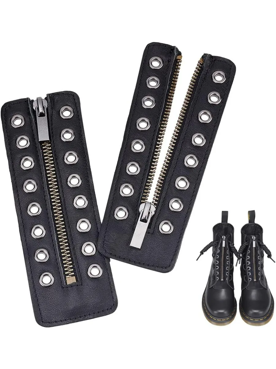 Leather Lace-in Boot Zipper Inserts 6.2 x 2.1 Inch 8 Metal Eyelets Zipper Boot Laces Black No Tie Shoe Laces for Adults Men