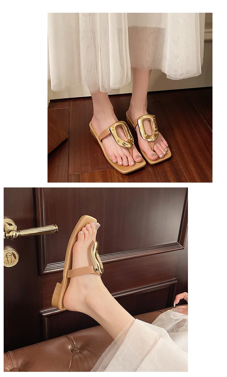 2026 Neue Damen-Flip-Flops mit eckiger offener Zehenpartie, einfarbig, vielseitig, mit Clip-Zehenriemen, flache Sandalen mit Metallschnalle für Damen – Detail 10