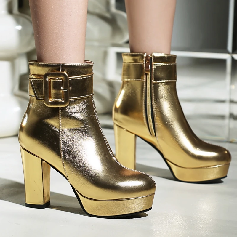 Luxury Women\'s Ankle Boots High Heels Platform Short Boot Zipper Gold Silver Pink Red Party Dance Shoes Female Large Size 45 48