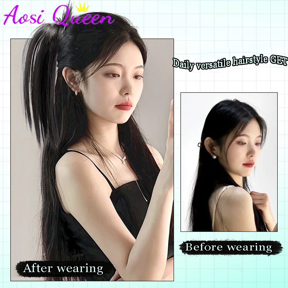 AOSI Synthetic Ponytail Wig Female Long Hair Waterfall Half Stuck High Horsetail Heightened Cranial Top Grasping Clip Wig