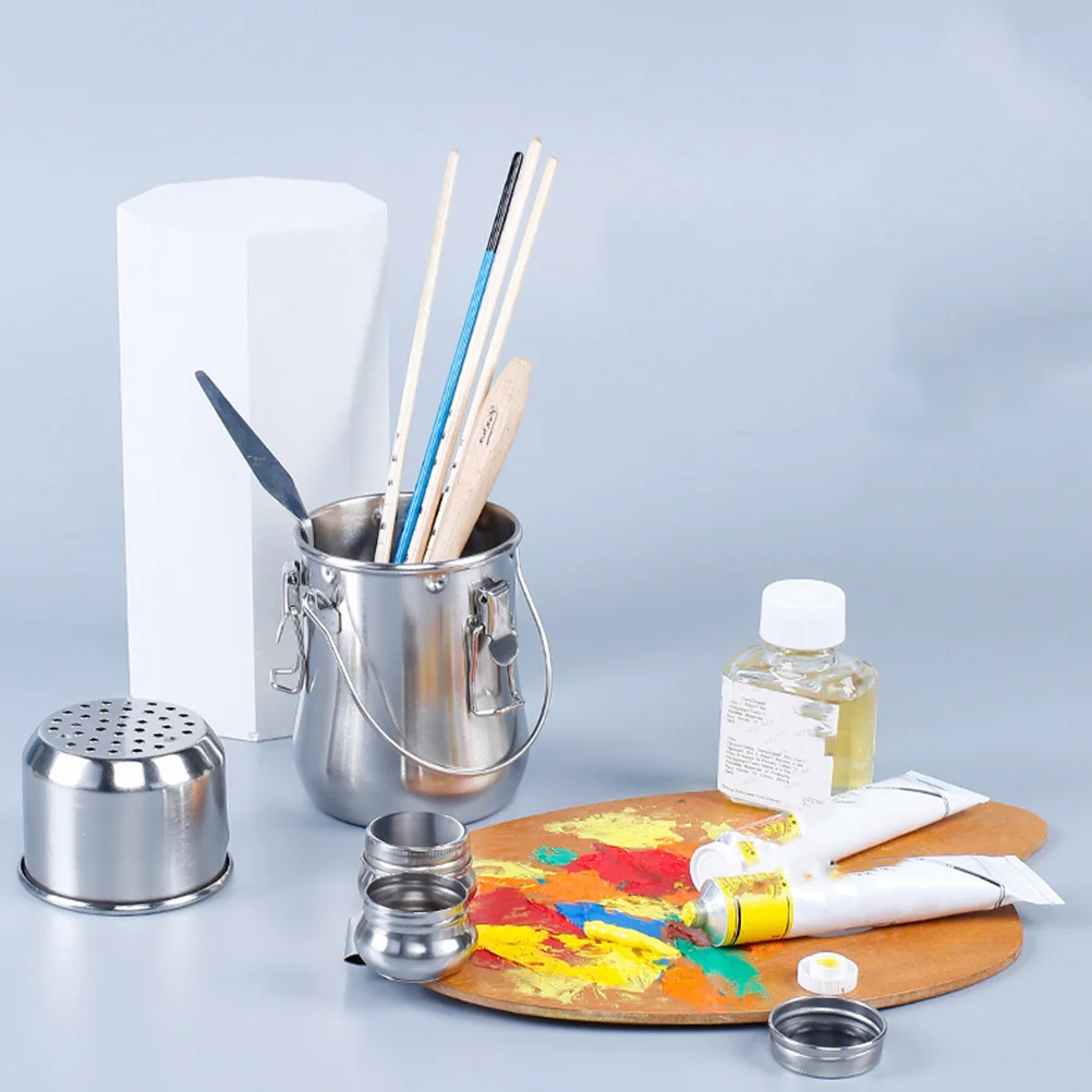 Oil Paint Brush Barrel Stainless Steel Portable Brush Washing Bucket For Water Oil Ink Turpentine Painting Tool