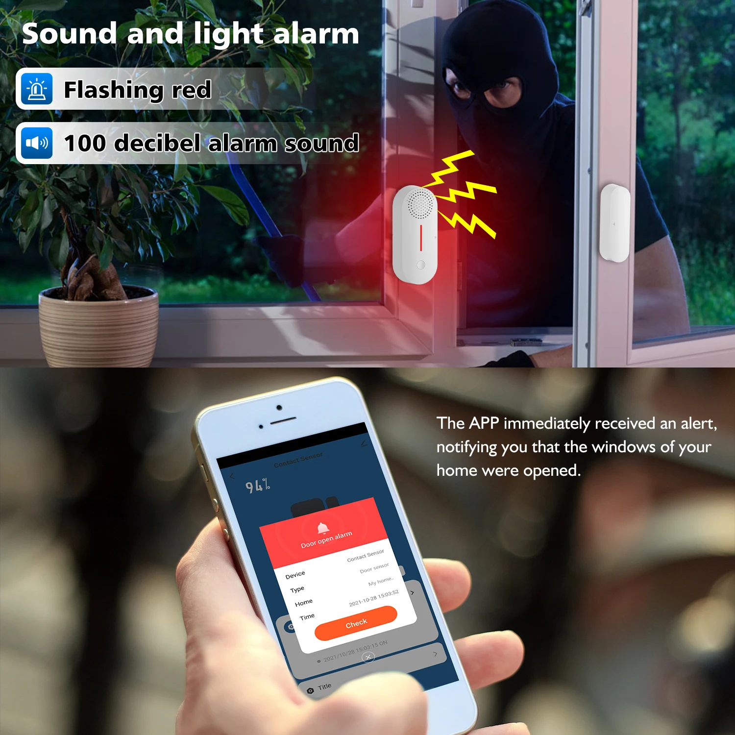 Tuya Smart Wifi Door Sensor Open / Close Detector App Notification Battery Operated Support Alexa Google Home No Need Hub