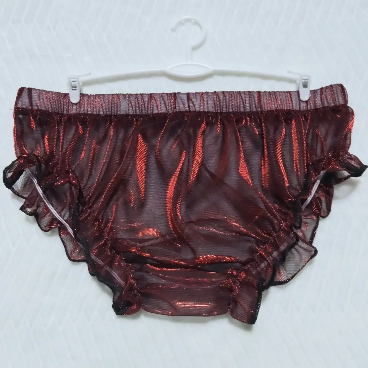 Calzoncillos de Organza holográfica rosa con láser transparente para hombre, bragas transparentes con volantes sexis para mujer, disfraces de fiesta privada FKK para parejas BF