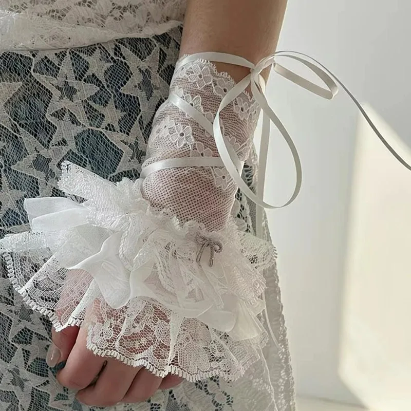 Lolita Lace Arm Sleeves Adjustable Strap Bow Design Multi Layer Ruffle Polyester JK Ballet Sweet Girl Style Costume Accessories image 6